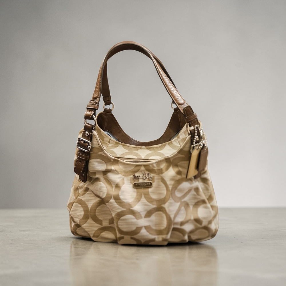 Coach Beige Signature C Logo Shoulder Bag with Brown Leather Trim